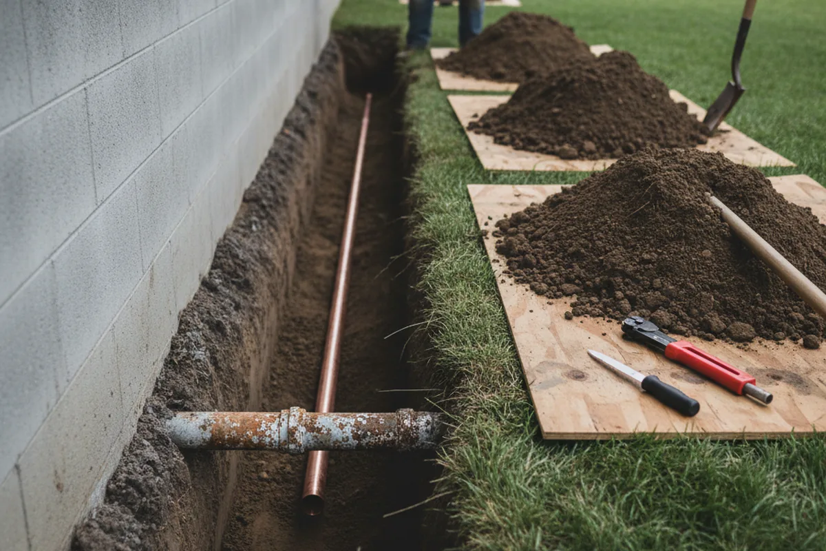 Excavated water line trench during Water Softener Installation in Stafford